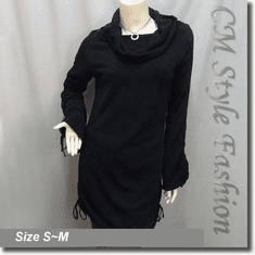 Rolled Fold Over Collar Drawstring Tie Ruch Frock Tunic Top Black