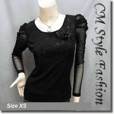 Ruched Shoulder Sequined Sheer Sleeve Boho Top Black