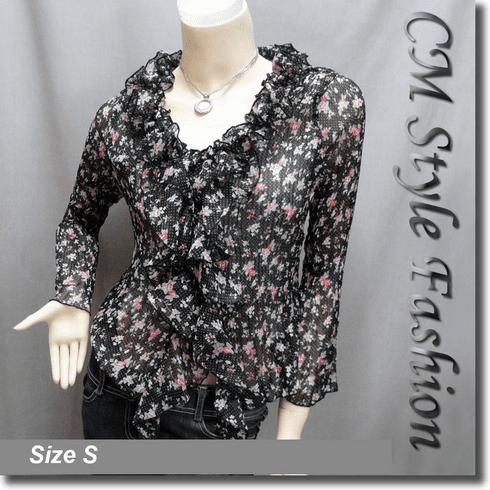 Ruffle Pleated Flute Semi Sheer Top Black