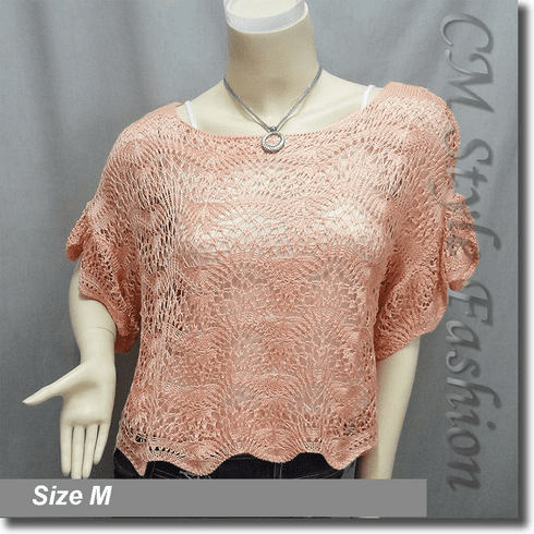 Scallop Edge Knit Mesh Sweater Top Pink
