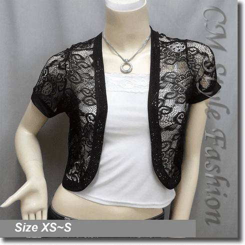 Sequin Applique Floral Lace Bolero Crop Top Black