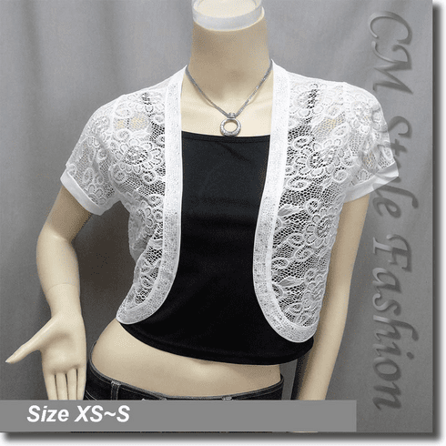 Sequin Applique Floral Lace Bolero Crop Top White
