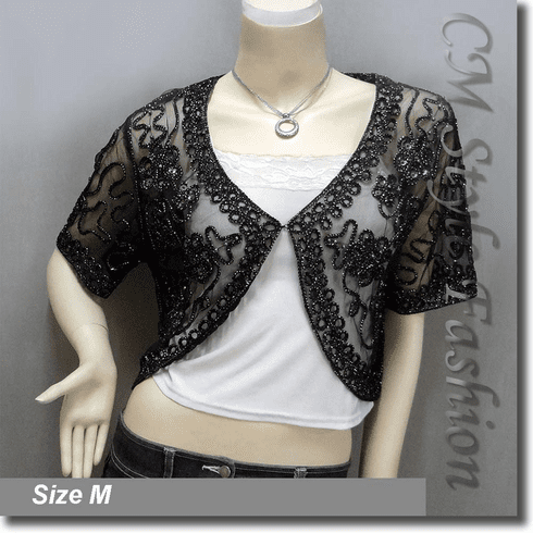Sequined Embroidery Shrug Bolero (Short Sleeves) Black