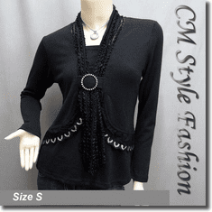 Sequined Lacey O Ring Scarf Neckline Boho Blouse Top Black