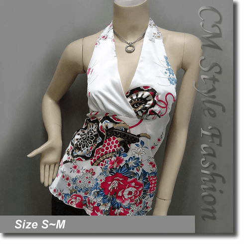 Sexy Floral Halter Back Tie Silky Satin Bare Back Top White