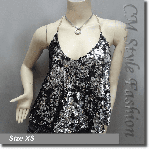 Sexy Glamorous Sequined Bling Bling Camisole Blouse Top Silvery Black