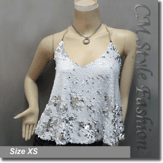Sexy Glamorous Sequined Bling Bling Camisole Blouse Top White Silvery