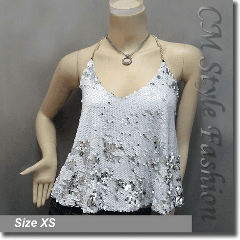 Sexy Glamorous Sequined Bling Bling Camisole Blouse Top White Silvery