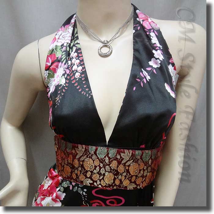 Sexy Halter Back Tie Floral Satin Dress Black W Belt sexy-halter-back-tie-floral-satin-dress-black-w-belt