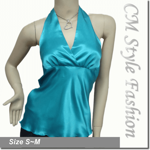 Sexy Halter Back Tie Silky Satin Bare Back Top Blue