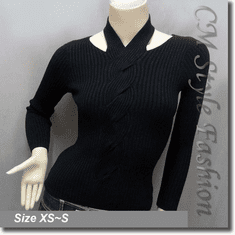 Sexy Halter Neck Long Sleeves Twisted Patterns Blouse Top Black