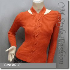 Sexy Halter Neck Long Sleeves Twisted Patterns Blouse Top Orange