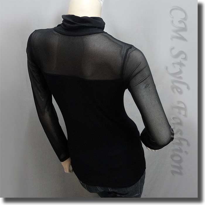RTR Design Collective Sheer Sleeve Turtleneck Top - Lattice Detail Black Turtleneck