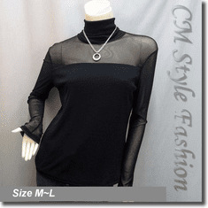 Sexy Sheer Sleeves Turtleneck Blouse Top Black