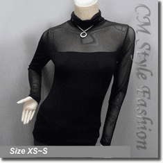 Sexy Sheer Sleeves Turtleneck Blouse Top Black