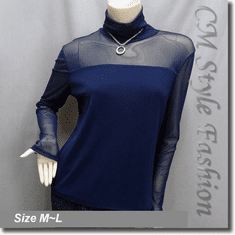 Sexy Sheer Sleeves Turtleneck Blouse Top Blue