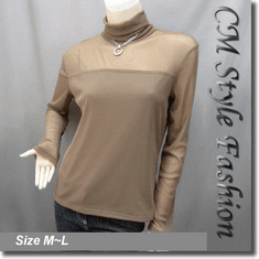 Sexy Sheer Sleeves Turtleneck Blouse Top Brown