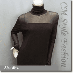 Sexy Sheer Sleeves Turtleneck Blouse Top Brown