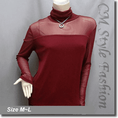 Sexy Sheer Sleeves Turtleneck Blouse Top Burgundy