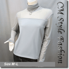 Sexy Sheer Sleeves Turtleneck Blouse Top Gray/Grey