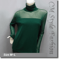 Sexy Sheer Sleeves Turtleneck Blouse Top Green