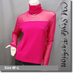 Sexy Sheer Sleeves Turtleneck Blouse Top Pink