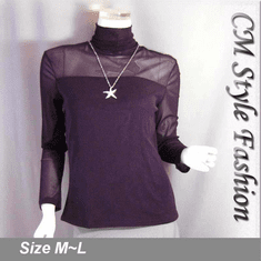 Sexy Sheer Sleeves Turtleneck Blouse Top Purple