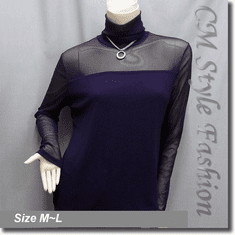 Sexy Sheer Sleeves Turtleneck Blouse Top Purple