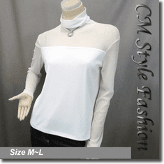 Sexy Sheer Sleeves Turtleneck Blouse Top White