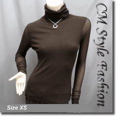 Sheer Turtleneck Ruched Detail Boho Blouse Top Brown