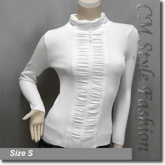 Stretchy Ribbed Ruched Long Sleeve Mock Neck Pullover Top Off White
