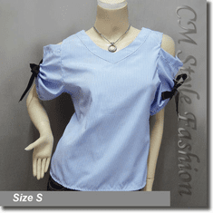 Stripey Cold Shoulder O Ring Blouse Shirt Top Blue White