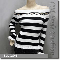 Stripey Wide Neckline Peekaboo Stretchy Ribbed Top Black White