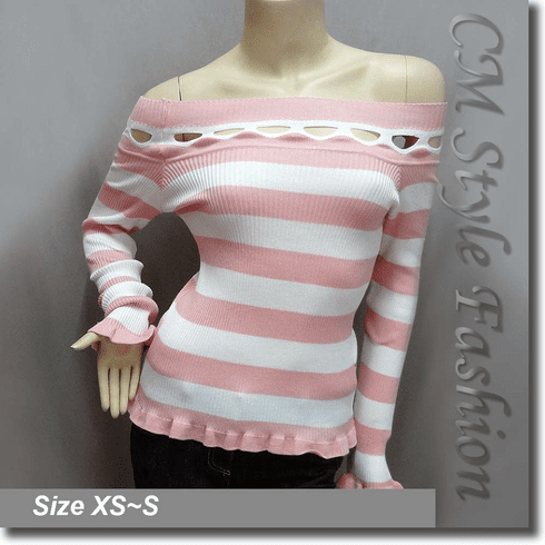 Stripey Wide Neckline Peekaboo Stretchy Ribbed Top Pink White