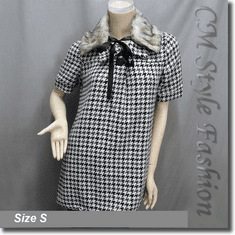 Tweed Houndstooth Faux Fur Collar Tunic Top Black Gray White