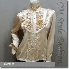 Victorian Style Ruffled Satin Elegant Blouse Shirt Top Beige