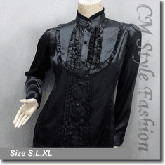 Victorian Style Ruffled Satin Elegant Blouse Shirt Top Black