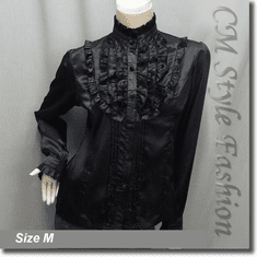 Victorian Style Ruffled Satin Elegant Blouse Shirt Top Black