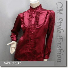 Victorian Style Ruffled Satin Elegant Blouse Shirt Top Burgundy