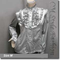 Victorian Style Ruffled Satin Elegant Blouse Shirt Top Gray