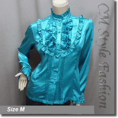 Victorian Style Ruffled Satin Elegant Blouse Shirt Top Turquoise Blue