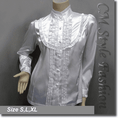 Victorian Style Ruffled Satin Elegant Blouse Shirt Top White