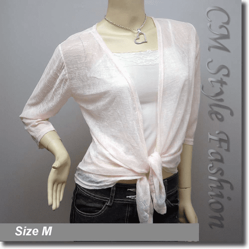 Woman Front Tie Sheer Bolero Shrug Cropped Cardigan Top Pink