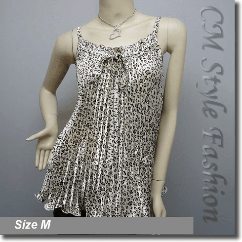 Woman Leopard Print Pleated Cami Camisole Tank Top