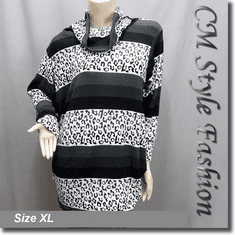 Womens Leopard Print Stripe Tunic Loose Sweater Pullover Top White Gray Black