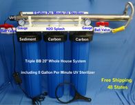 Big Blue 20&quot; Water Filter - Triple 1&quot; Ports - 2 Carbons and 1 Sediment - 8 GPM UV with Ball Valves and Gauges
