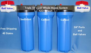 Whole House Filter with Brackets - Triple, 10&quot; Blue, Carbon, Sediment with Ball Valves