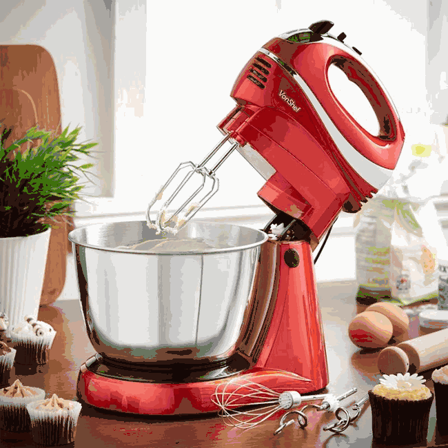 VonShef 13230 TwoinOne Hand/Stand Mixer for 220 Volts and 50hz Red