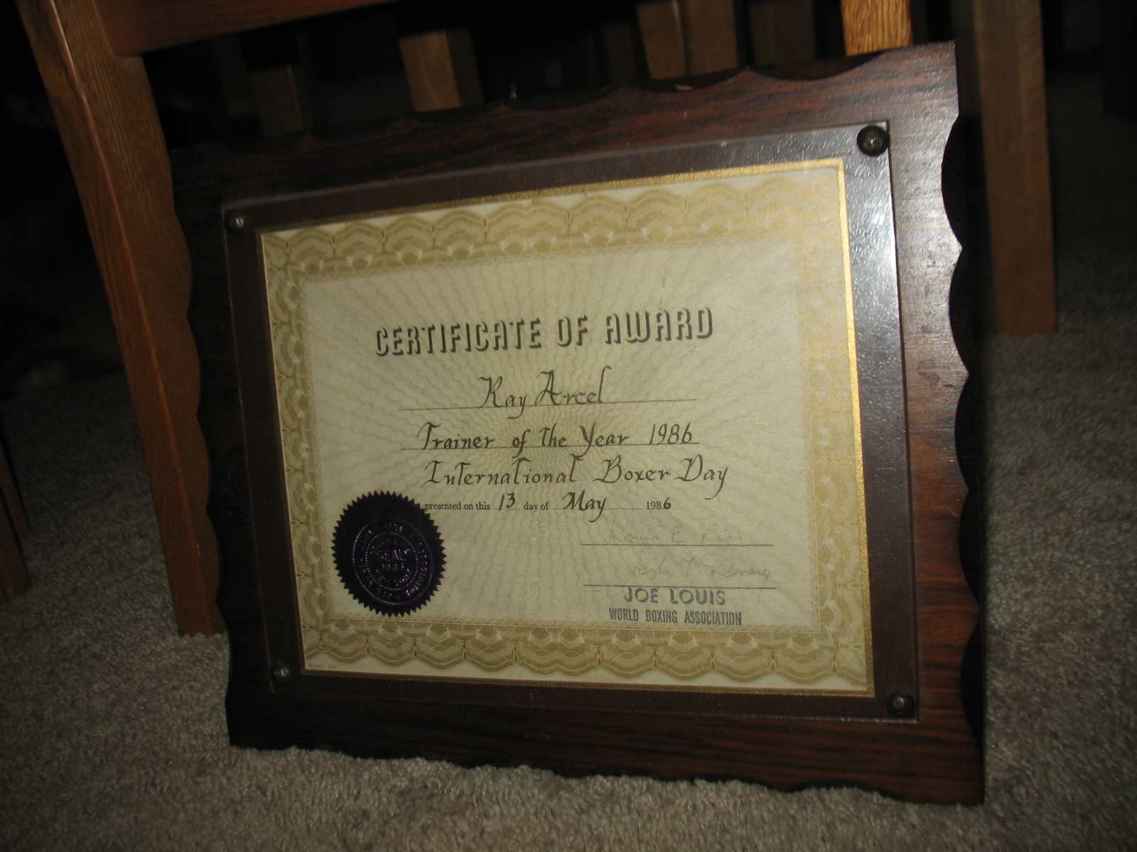 Boxing Hall of Famer Ray Arcel 1986 Trainer Of The Year Award by Joe