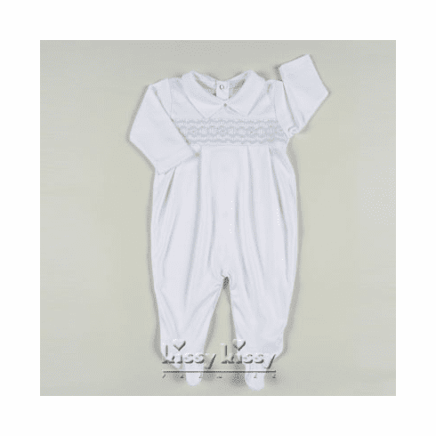 Kissy Kissy Classic Baby Special white with blue smocking footie with collar. Kissy Kissy footies with smocking are beautiful.